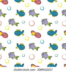 Patrón infantil sin soldadura peces brillantes divertidos y burbujas sobre fondo blanco