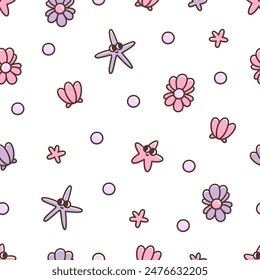 Childish seamless pattern with funny cartoon character starfish and seashells with pearls. Kawaii cute print on white background. Illustration sea creatures