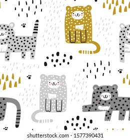 Childish seamless pattern with funny cats. Vector illustration for gift wrapping paper, textile, surface textures, childish design.