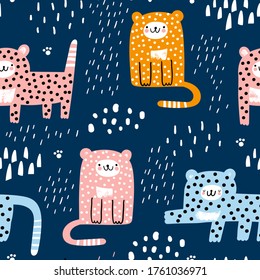 Childish seamless pattern with funny cats on a darck blue background. Vector illustration for gift wrapping paper, textile, surface textures, childish design.