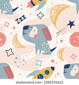 Childish seamless pattern with funny cool dog, stars, rocket, planet in Scandinavian style. For fashion clothes, fabric, t-shirts. Hand drawn vector with inscription.