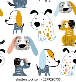 Childish seamless pattern with funny creative dogs. Trendy scandinavian vector background. Perfect for kids apparel,fabric, textile, nursery decoration,wrapping paper