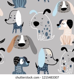 Childish seamless pattern with funny creative dogs. Trendy scandinavian vector background. Perfect for kids apparel,fabric, textile, nursery decoration,wrapping paper