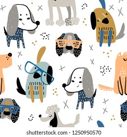 Childish seamless pattern with funny creative dogs. Trendy scandinavian vector background. Perfect for kids apparel,fabric, textile, nursery decoration,wrapping paper