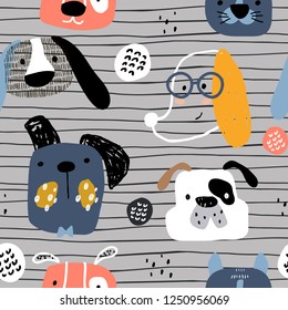 Childish seamless pattern with funny creative dogs. Trendy scandinavian vector background. Perfect for kids apparel,fabric, textile, nursery decoration,wrapping paper