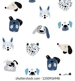 Childish seamless pattern with funny creative dog faces. Trendy scandinavian vector background. Perfect for kids apparel,fabric, textile, nursery decoration,wrapping paper