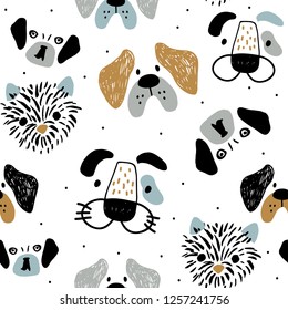 Childish seamless pattern with funny creative dog faces. Trendy scandinavian vector background. Perfect for kids apparel,fabric, textile, nursery decoration,wrapping paper