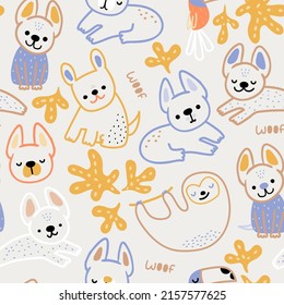 Childish seamless pattern with funny creative dogs and sloth. Trendy  vector background. Perfect for kids apparel,fabric, textile, nursery decoration,wrapping paper