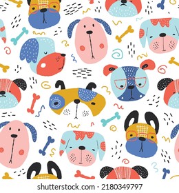 Childish seamless pattern with funny creative dogs. Creative childish texture in scandinavian style. Great for fabric, textile Vector Illustration.