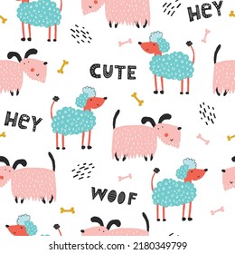 Childish seamless pattern with funny creative dogs. Creative childish texture in scandinavian style. Great for fabric, textile Vector Illustration.