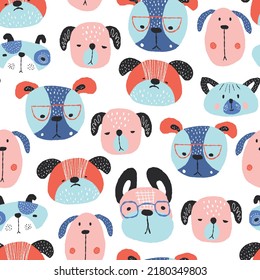 Childish seamless pattern with funny creative dogs. Creative childish texture in scandinavian style. Great for fabric, textile Vector Illustration.
