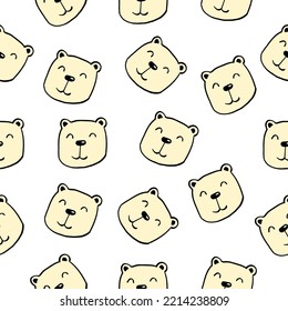 Childish seamless pattern with funny cute bear heads on white background, hand drawn cartoon characters 
