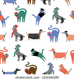 Childish seamless pattern with funny cute dogs and cats. Trendy scandinavian vector background. Perfect for kids apparel,fabric, textile, nursery decoration,wrapping paper.
