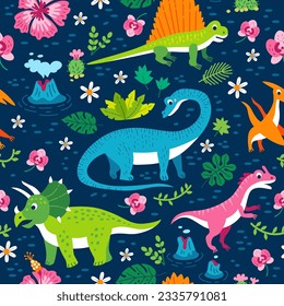 Childish seamless pattern with funny cute dinosaurs in cartoon style