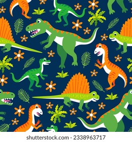 Childish seamless pattern with funny cute dinosaurs in cartoon style