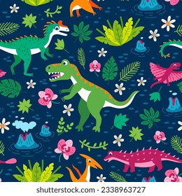 Childish seamless pattern with funny cute dinosaurs in cartoon style