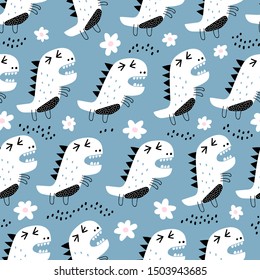 Childish seamless pattern with funny dino. Creative kids texture for fabric, wrapping, textile, wallpaper, apparel.