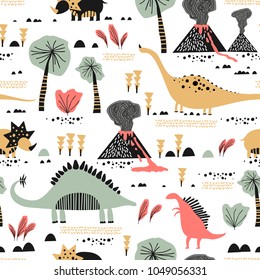 Childish seamless pattern with funny dinosaurs in cartoon. Ideal for cards, invitations, party, banners, kindergarten, baby shower, preschool and children room decoration. Scandinavian style.