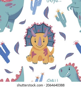 Childish seamless pattern with funny dinosaurs in cartoon. Ideal for cards, invitations, party, banners, kindergarten, baby shower, preschool and children room decoration. Scandinavian style.