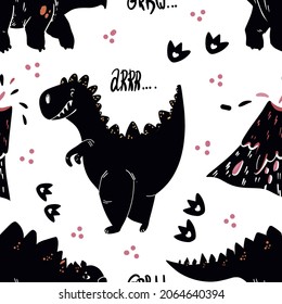 Childish seamless pattern with funny dinosaurs in cartoon. Ideal for cards, invitations, party, banners, kindergarten, baby shower, preschool and children room decoration. Scandinavian style.