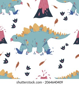 Childish seamless pattern with funny dinosaurs in cartoon. Ideal for cards, invitations, party, banners, kindergarten, baby shower, preschool and children room decoration. Scandinavian style.