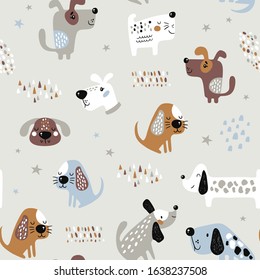 Childish seamless pattern with funny dogs. Creative texture in scandinavian style. Great for fabric, textile Vector Illustration