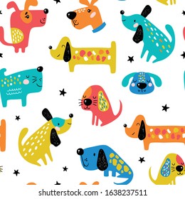 Childish seamless pattern with funny dogs. Creative texture in scandinavian style. Great for fabric, textile Vector Illustration