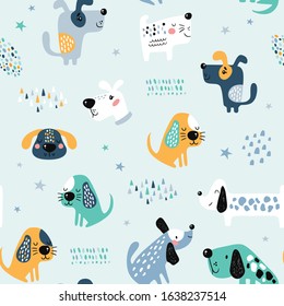 Childish seamless pattern with funny dogs. Creative texture in scandinavian style. Great for fabric, textile Vector Illustration