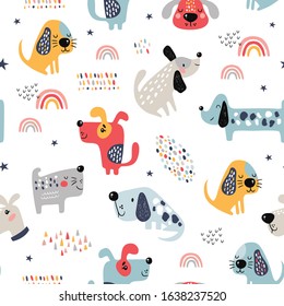 Childish seamless pattern with funny dogs. Creative texture in scandinavian style. Great for fabric, textile Vector Illustration