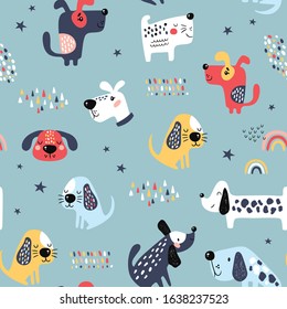 Childish seamless pattern with funny dogs. Creative texture in scandinavian style. Great for fabric, textile Vector Illustration