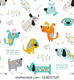 Childish seamless pattern with funny dogs. Creative texture in scandinavian style. Great for fabric, textile Vector Illustration