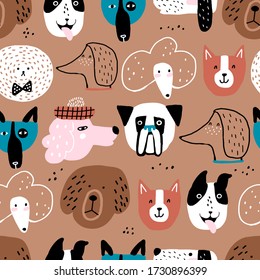 Childish seamless pattern with funny dogs on a blue background. Creative texture for fabric, wrapping, textile, wallpaper, apparel. Vector illustration.