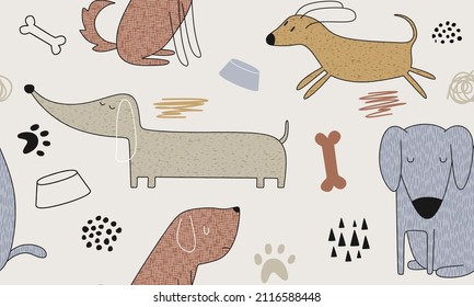 Childish seamless pattern with funny dogs. 