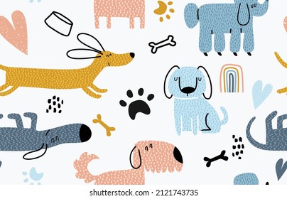 Childish seamless pattern with funny dogs. 