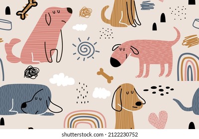 Childish seamless pattern with funny dogs. 