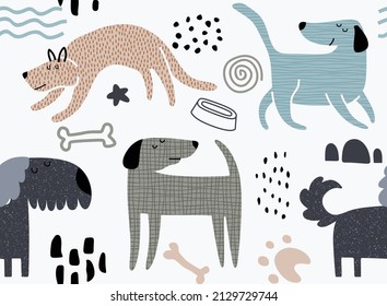 Childish seamless pattern with funny dogs. 