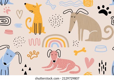 Childish seamless pattern with funny dogs. 