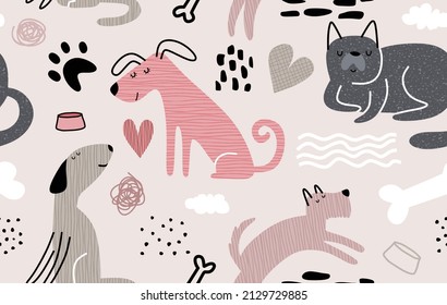 Childish seamless pattern with funny dogs. 