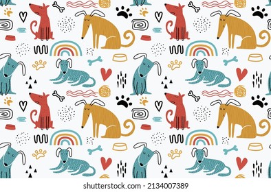 Childish seamless pattern with funny dogs. 