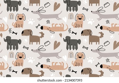 Childish seamless pattern with funny dogs. 