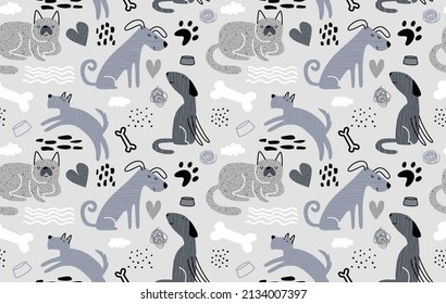 Childish seamless pattern with funny dogs. 