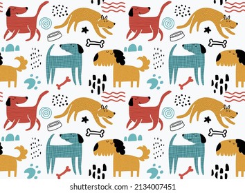 Childish seamless pattern with funny dogs. 