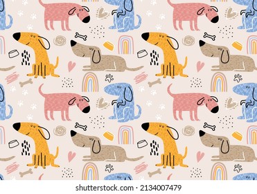 Childish seamless pattern with funny dogs. 