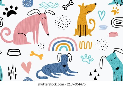 Childish seamless pattern with funny dogs. 