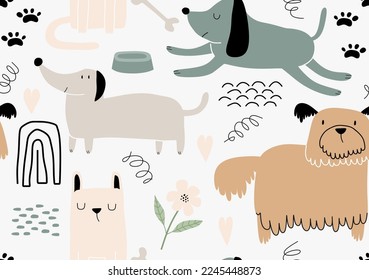 Childish seamless pattern with funny dogs. 