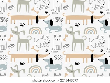 Childish seamless pattern with funny dogs. 