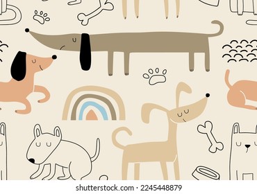 Childish seamless pattern with funny dogs. 