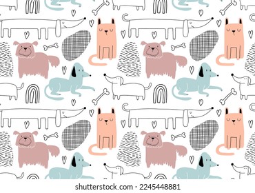 Childish seamless pattern with funny dogs. 