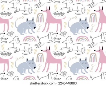 Childish seamless pattern with funny dogs. 