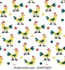 Childish seamless pattern with funny farm roosters. Cartoon yellow birds on white motley background with polka dots. Animal print for design of baby textile products, kids fabrics, nursery wallpapers.